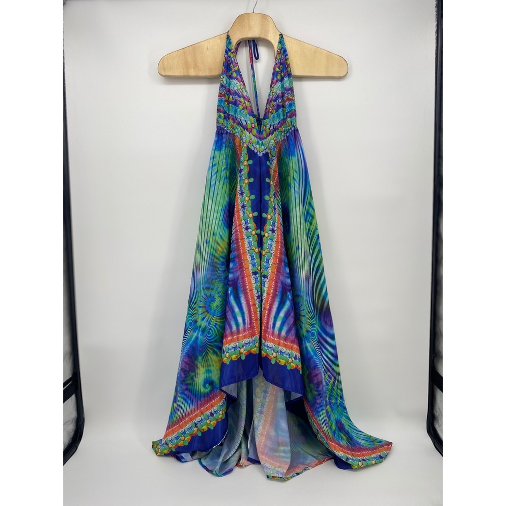 India Boutique High-Low Maxi Dress OS Multicolor Boho Rhinestone TieDye